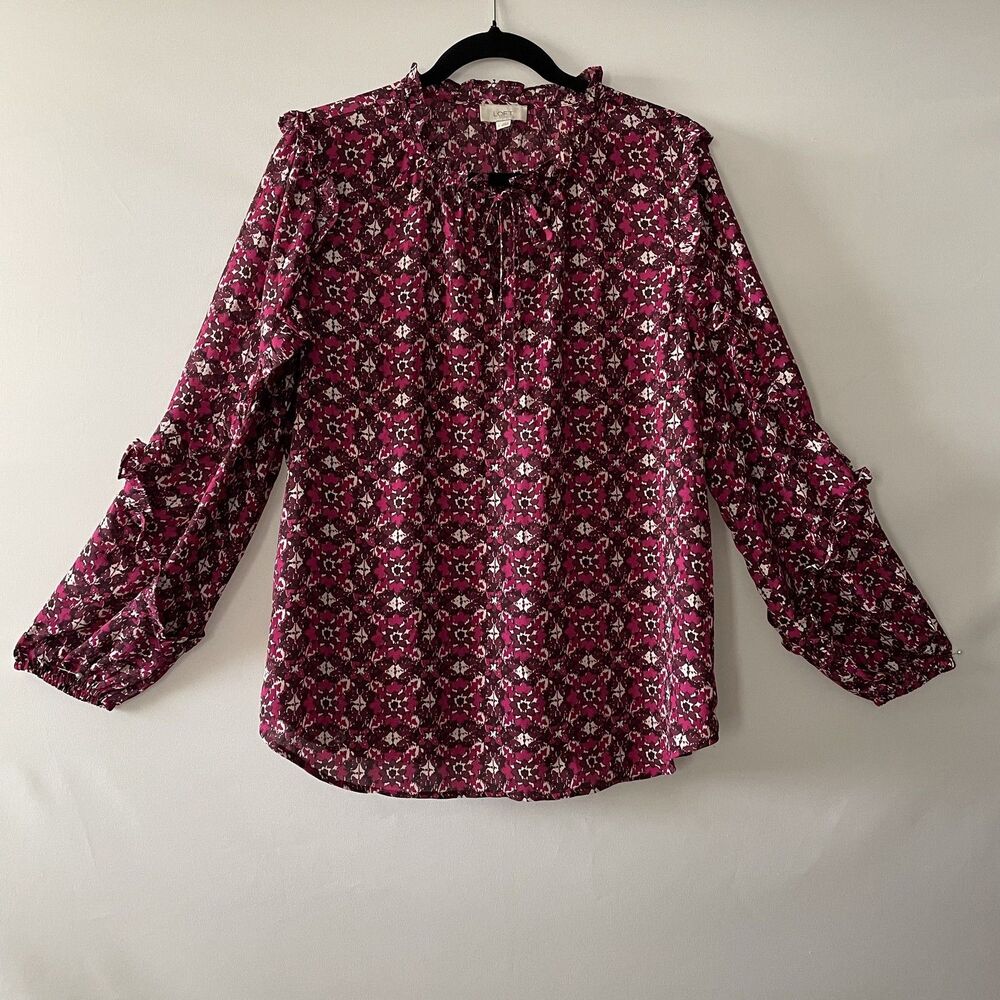 LOFT Floral Blouse Pink Purple Ruffle Mock Neck Key Hole Tie Detail Size L